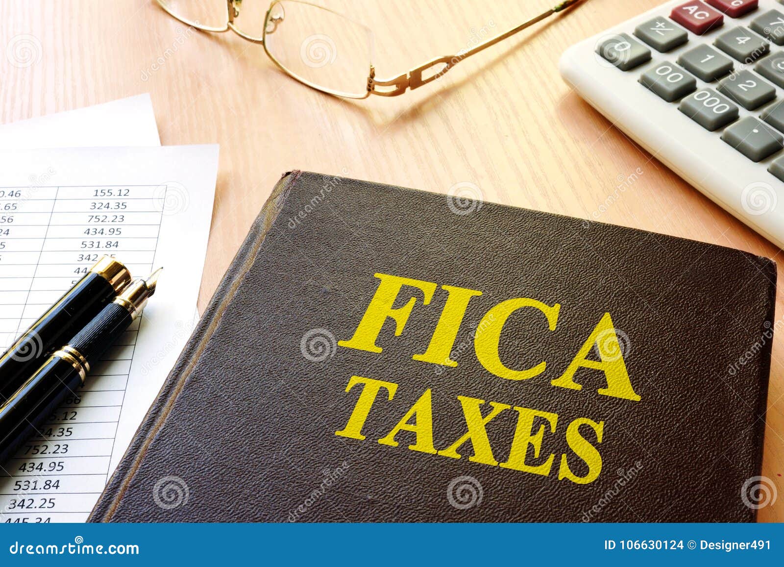 fica taxes and calculator on a table.