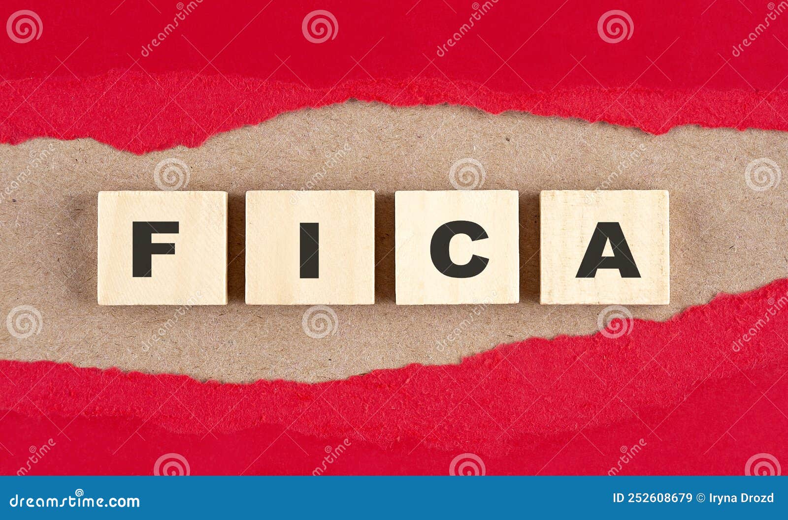 fica word on wooden cubes on red torn paper , financial concept background
