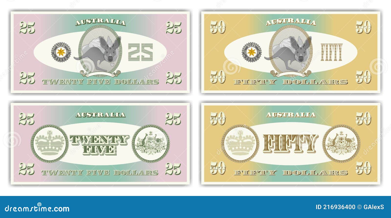 fictional paper money of australia obverse and reverse of 25 and 50 dollar banknotes cartoon kangaroo in an oval a coat of arms stock vector illustration of arms monetary 216936400