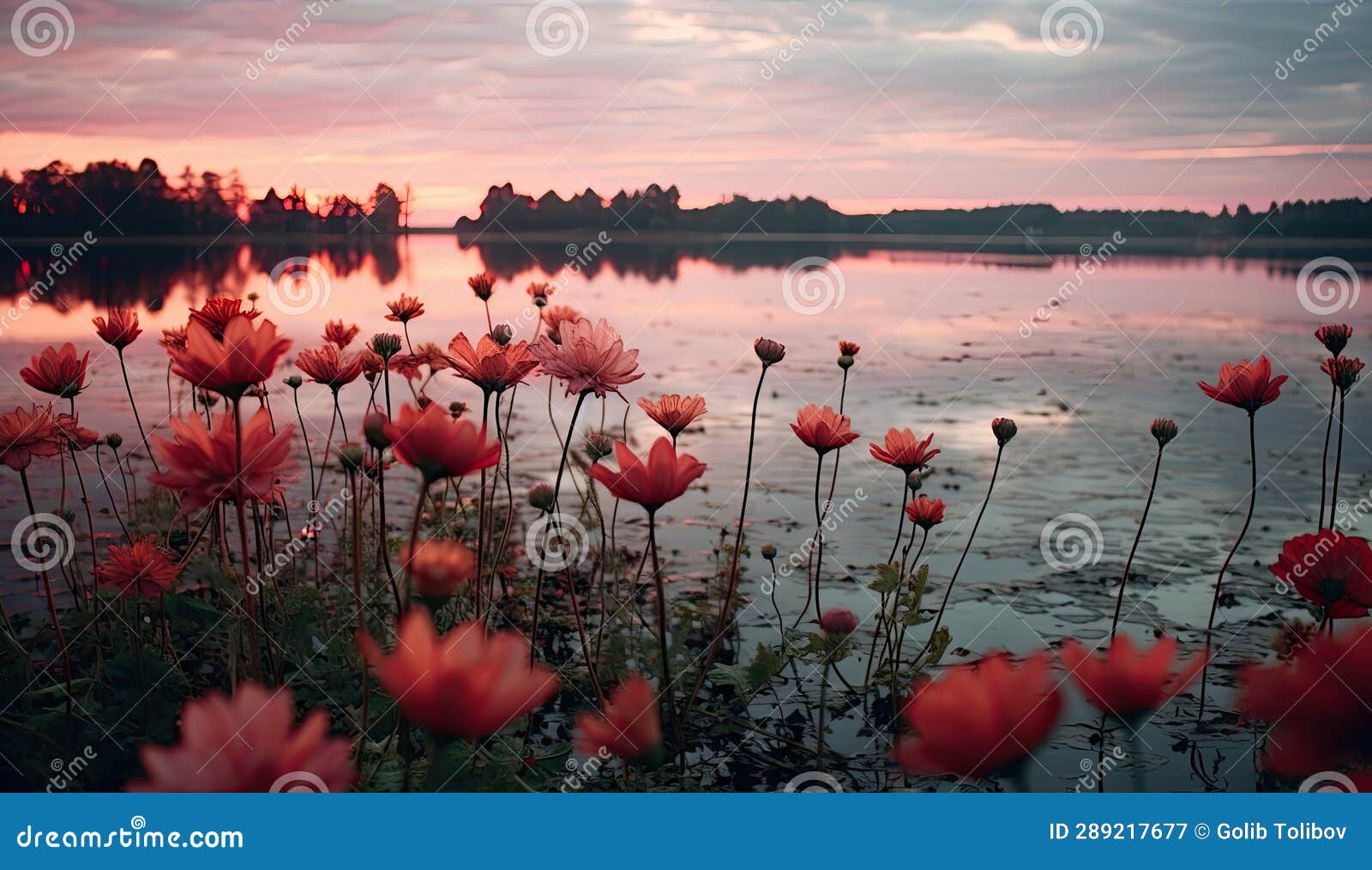 A Field of Cosmos Flowers by a Lake at Sunset Stock Image - Image of ...