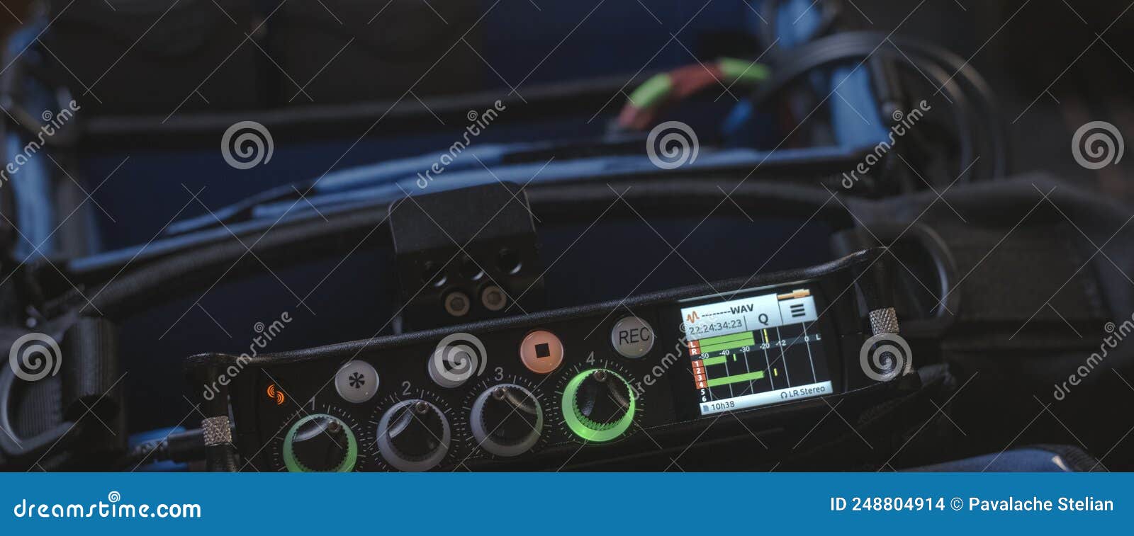 field sound recorder in the carrying case during recordings in a video studio.