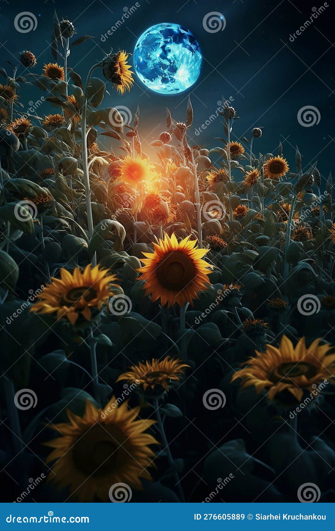 Field of Sunflowers at Full Moon Night Stock Illustration