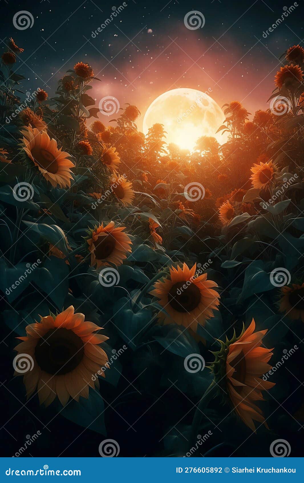 Field of Sunflowers at Full Moon Night Stock Illustration