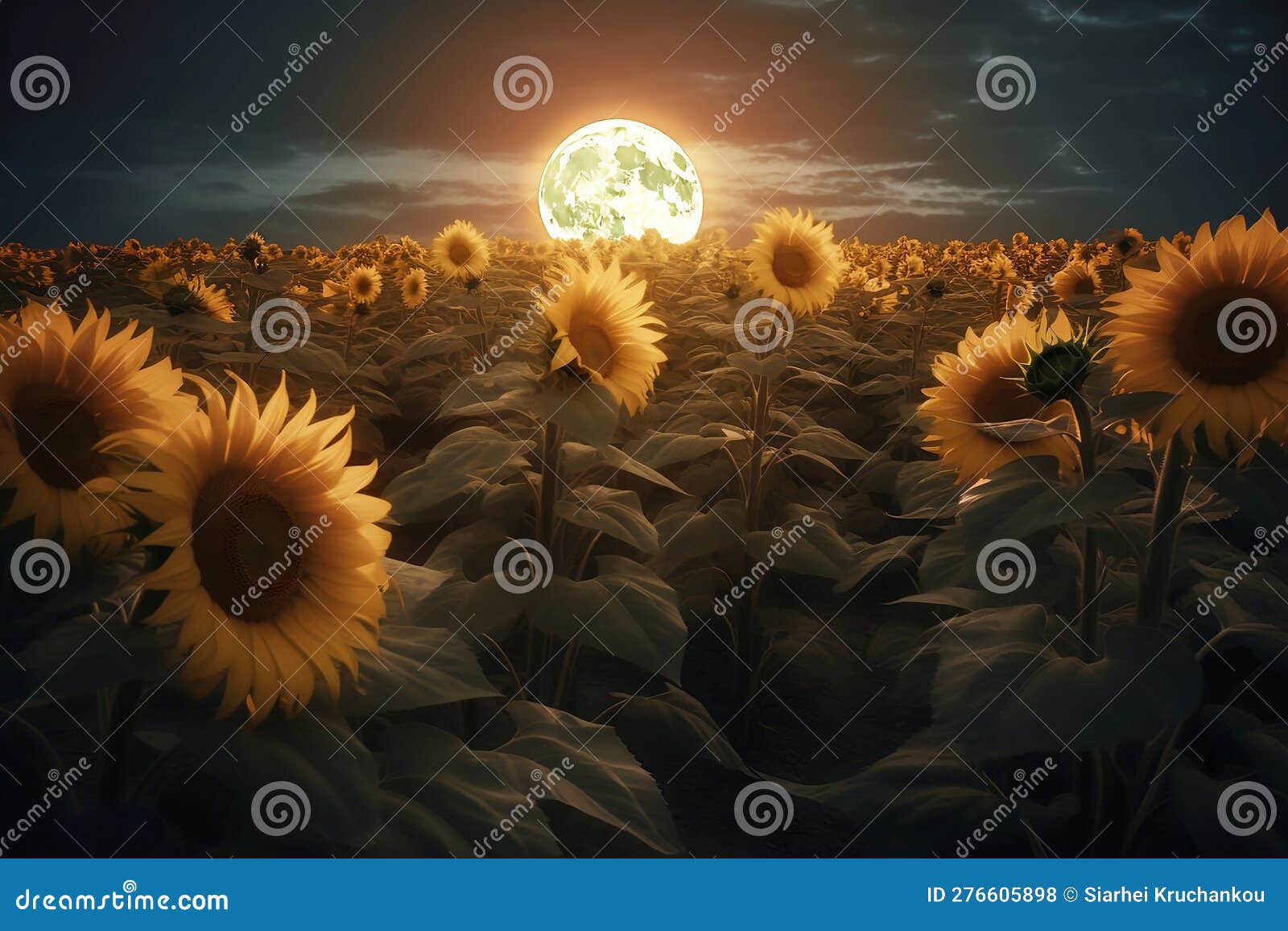 Field of Sunflowers at Full Moon Night Stock Illustration