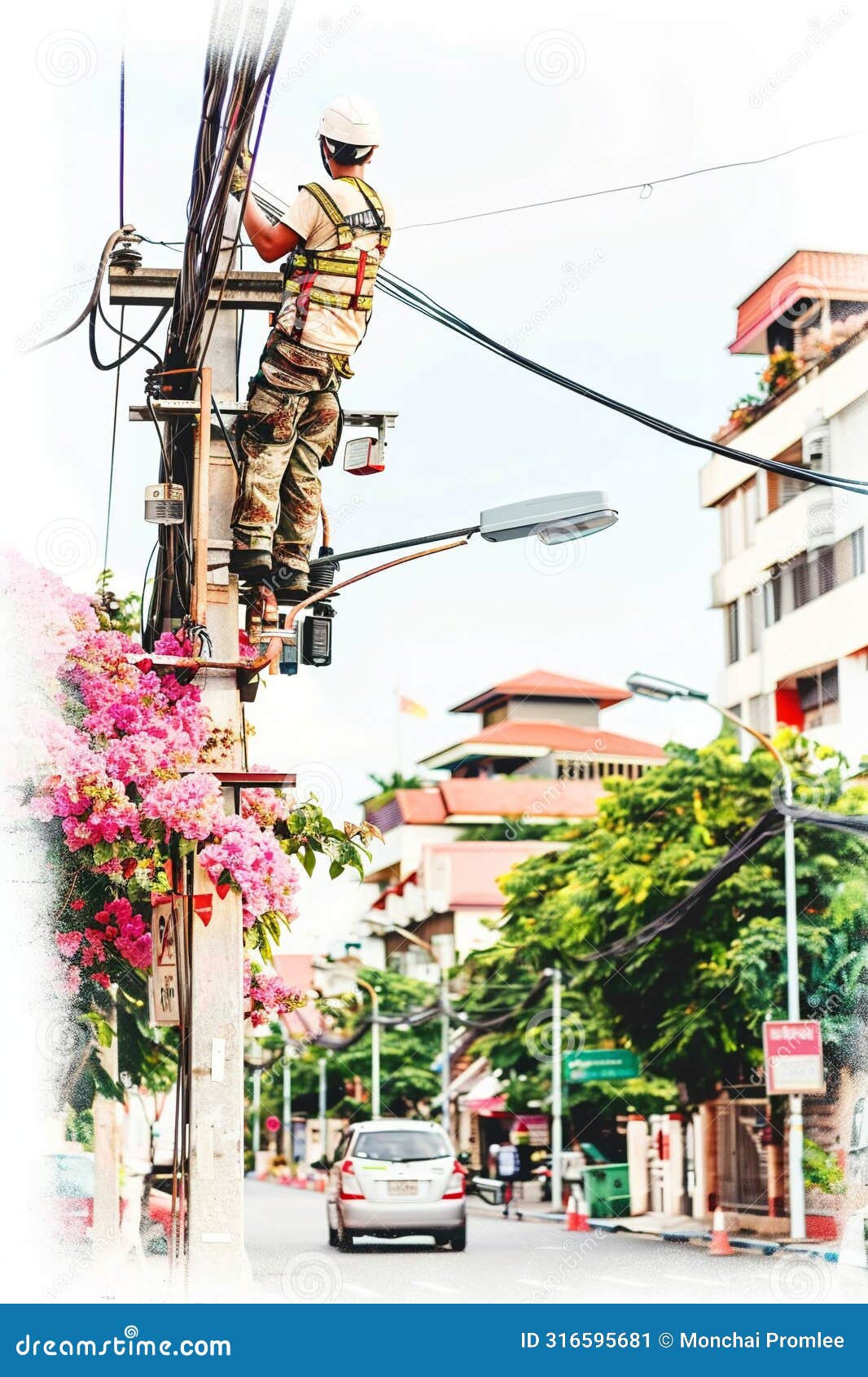 field technicians installing smart grid components on utility poles, equipped with tools and technology to enhance energy