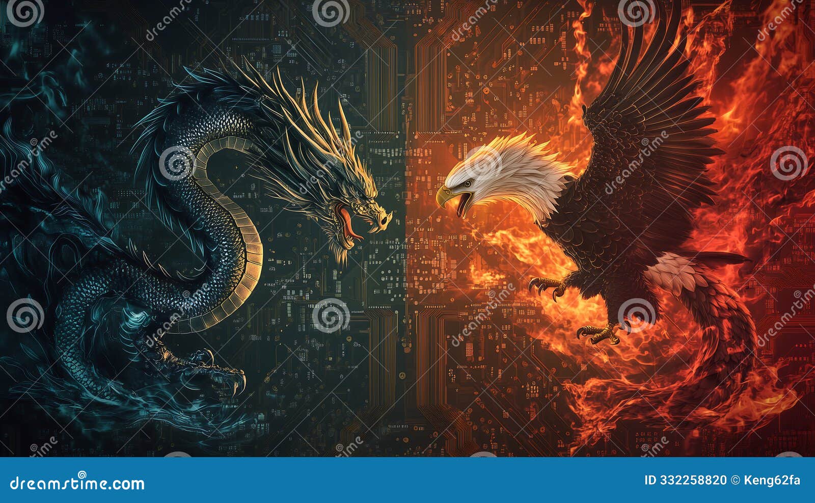 a fierce digital battle between a dragon and an eagle, izing the ongoing tech war between global superpowers on a circuit