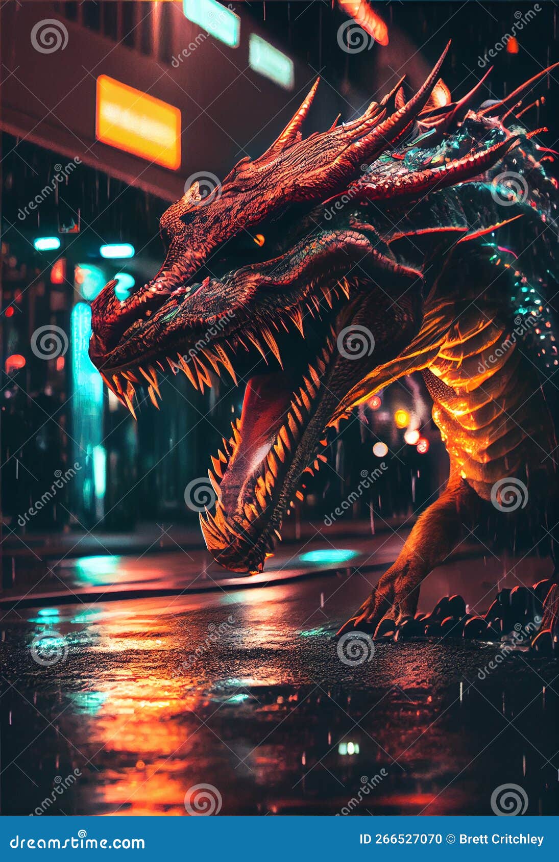 fierce dragon roaring in a city at night