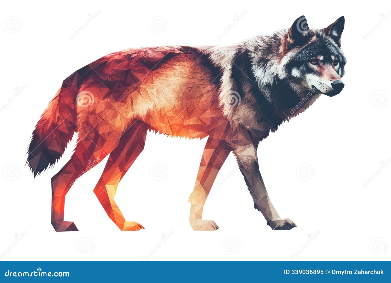 a fierce low poly wolf with luminous geometric patterns, set against a white background, izing loyalty and