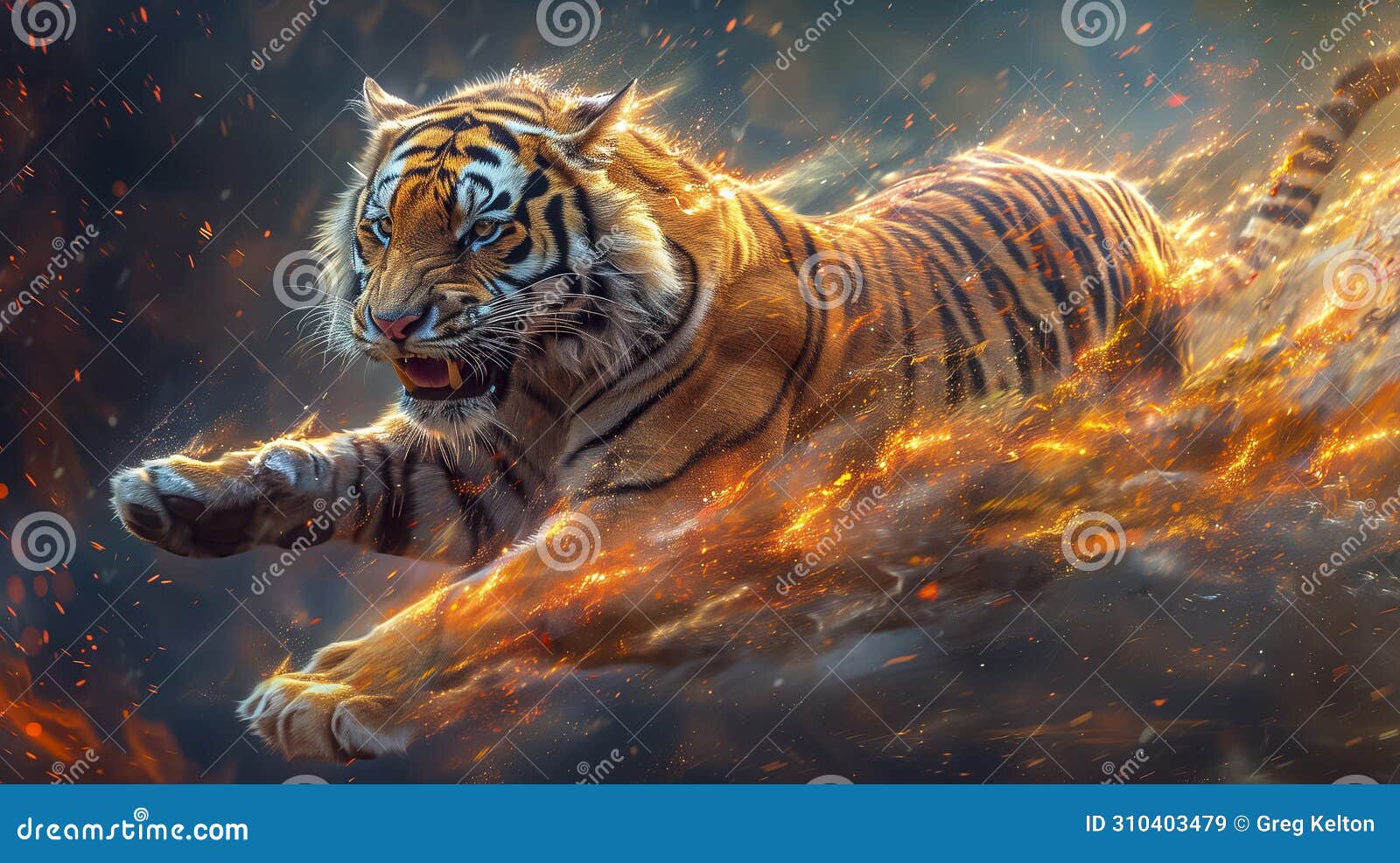 fierce tiger pouncing forward enveloped in flames, exemplifying predatory power and fiery ferocity
