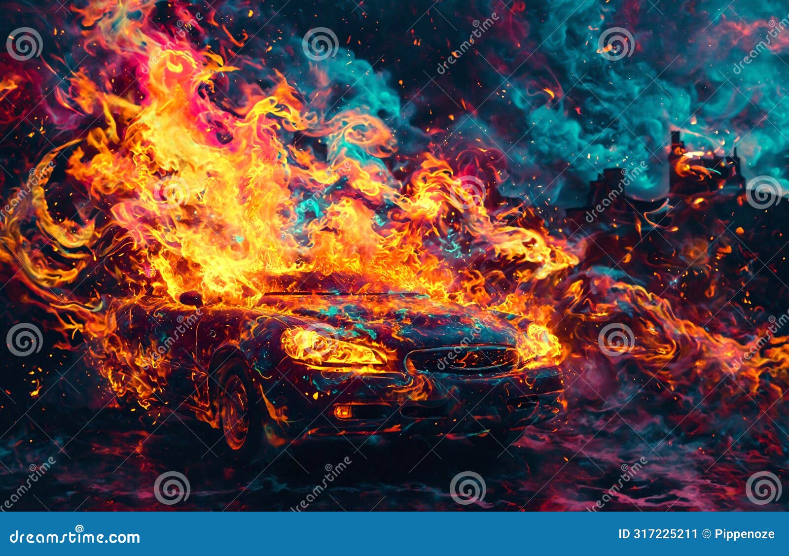 fiery car engulfed in flames with surreal colors