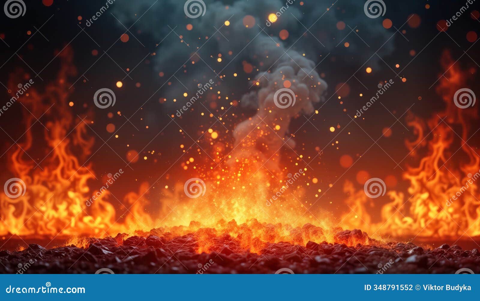 fiery flames blaze on hot embers. orange sparks fly up in smoke. powerful inferno with glowing particles. realistic graphic