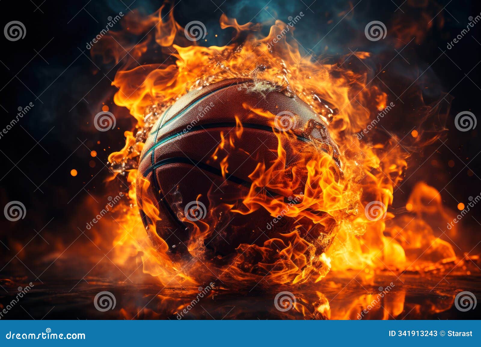 fiery flaming burning ball, basketball concept, three-point shot and winning the game, ai generated