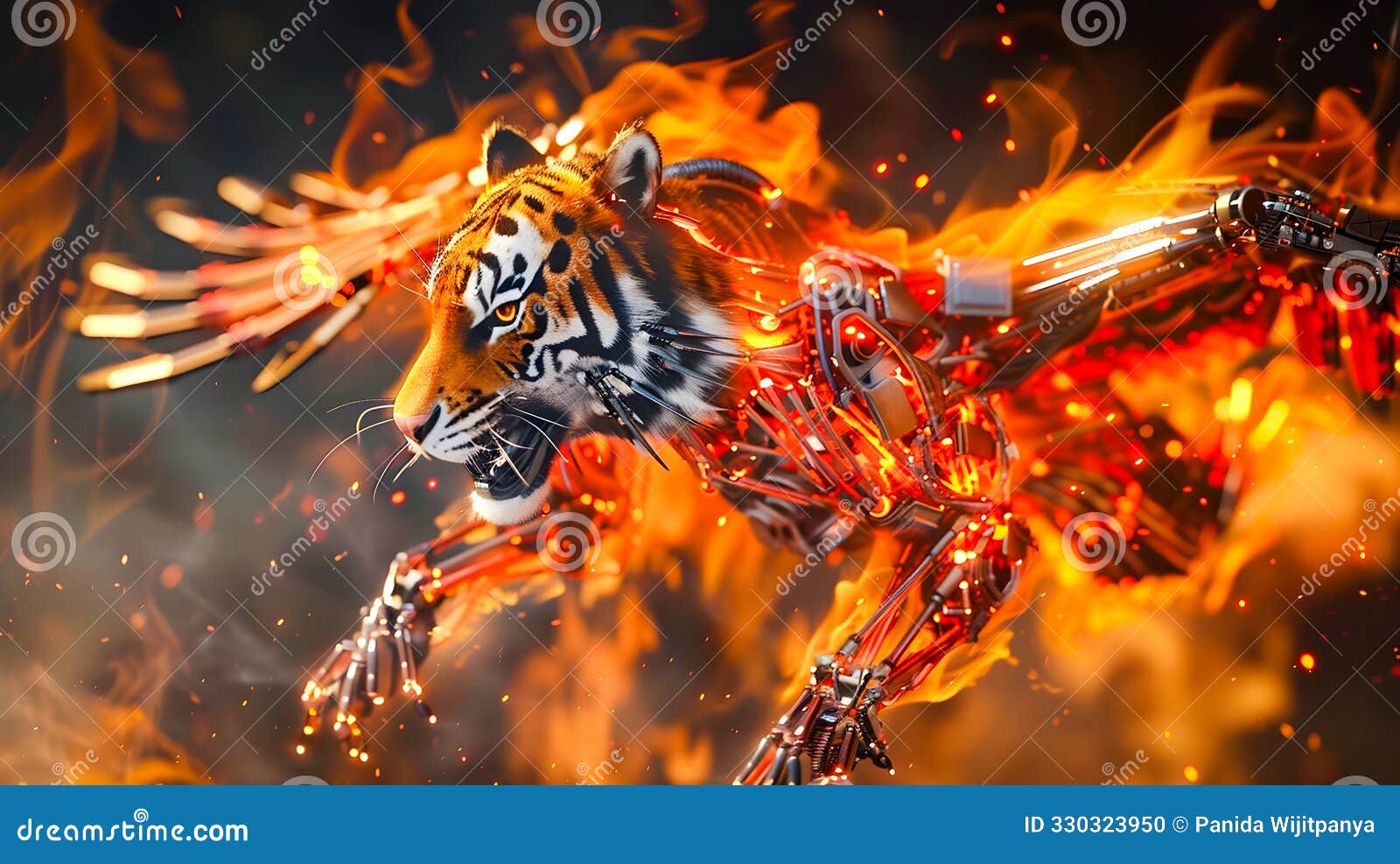 fiery robotic tiger and flaming avian creature vision of the future animal machines surreal digital artwork depicting a fierce