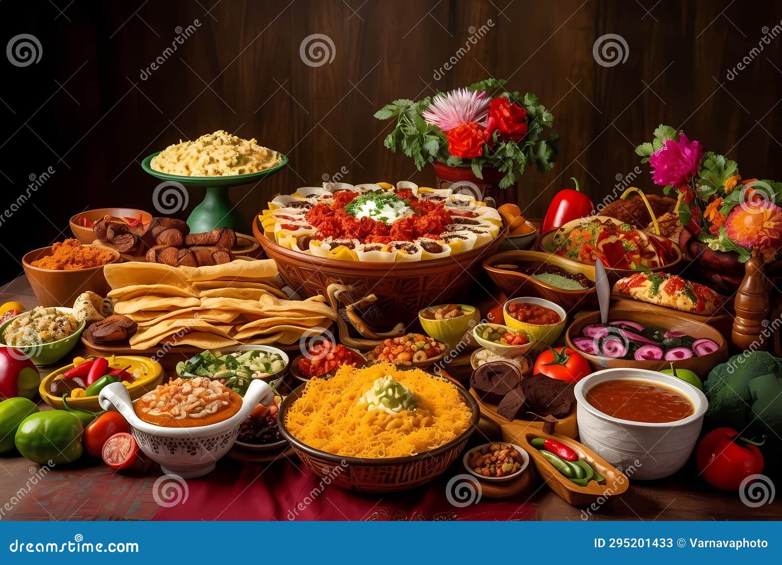 Fiesta Party Buffet Table with Traditional Mexican Food Stock