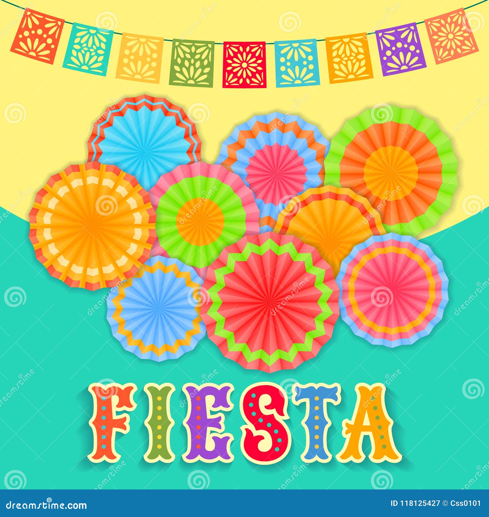 fiesta postcard, paper fans, lace, decorative text