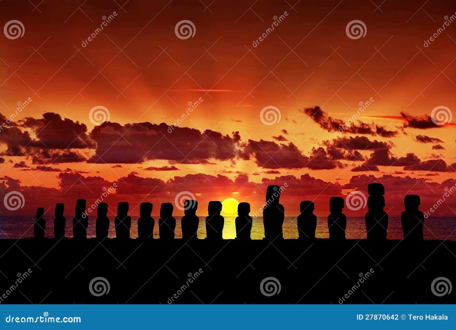 fifteen moai at sunset in easter island