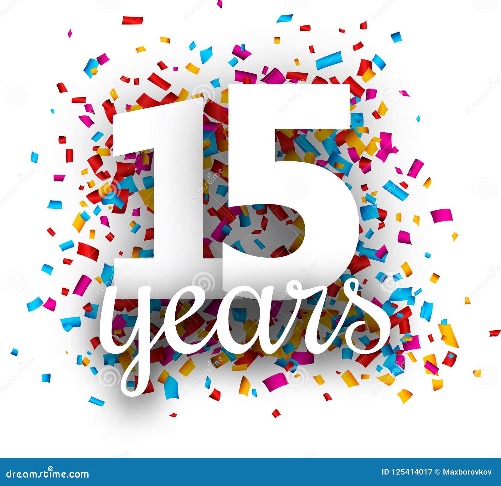 Fifteen Years Anniversary with Colorful Confetti. Stock Vector