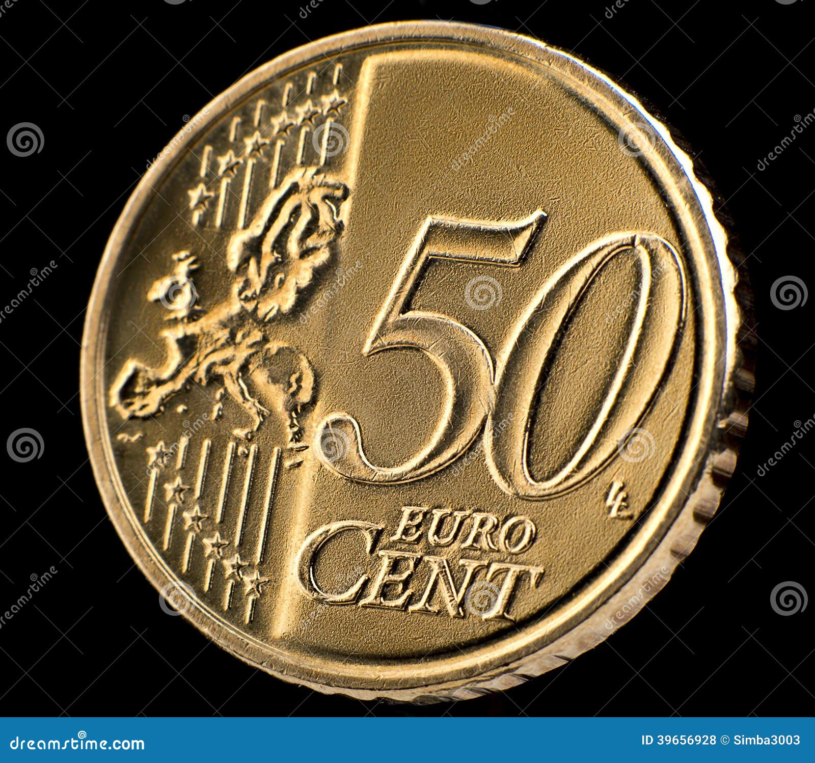 Fifty Euro Cent Coin Macro Over Black Stock Photo - Image of money,  metallic: 39656928