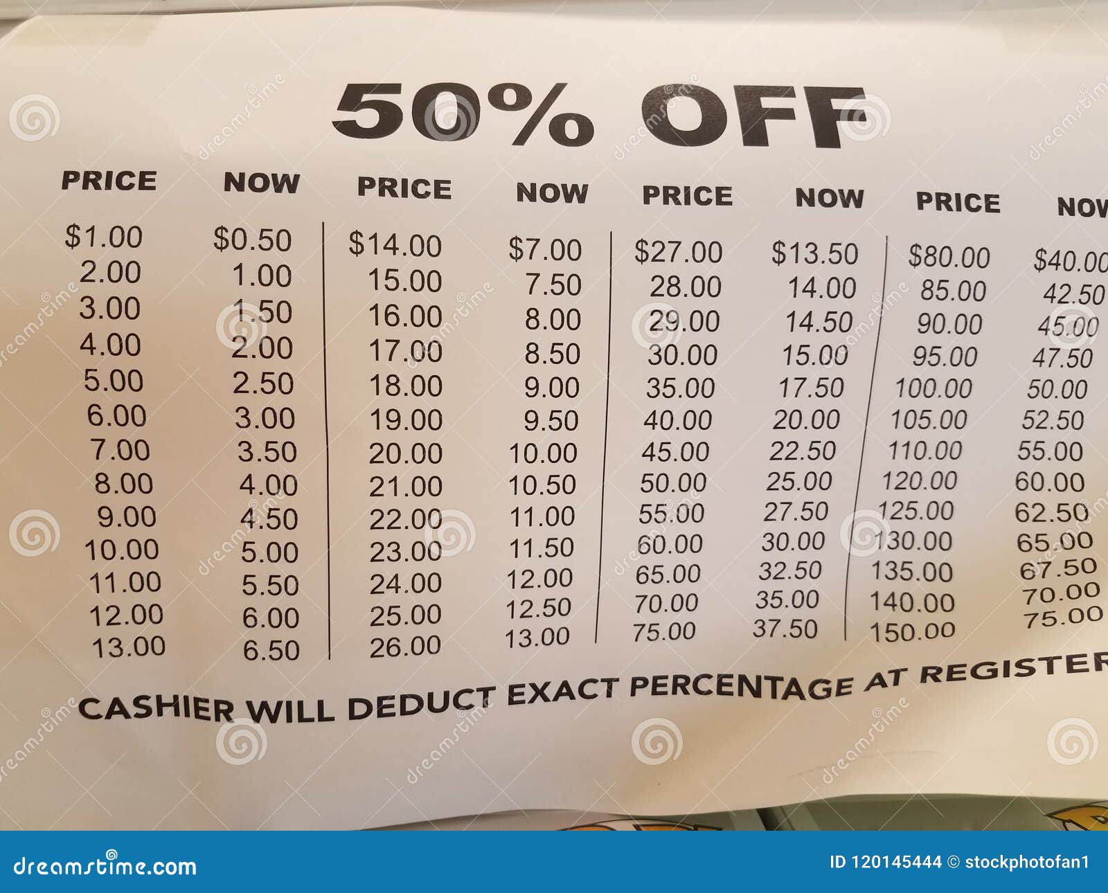 A Fifty Percent Off Sign and Table with Calculations Stock Photo