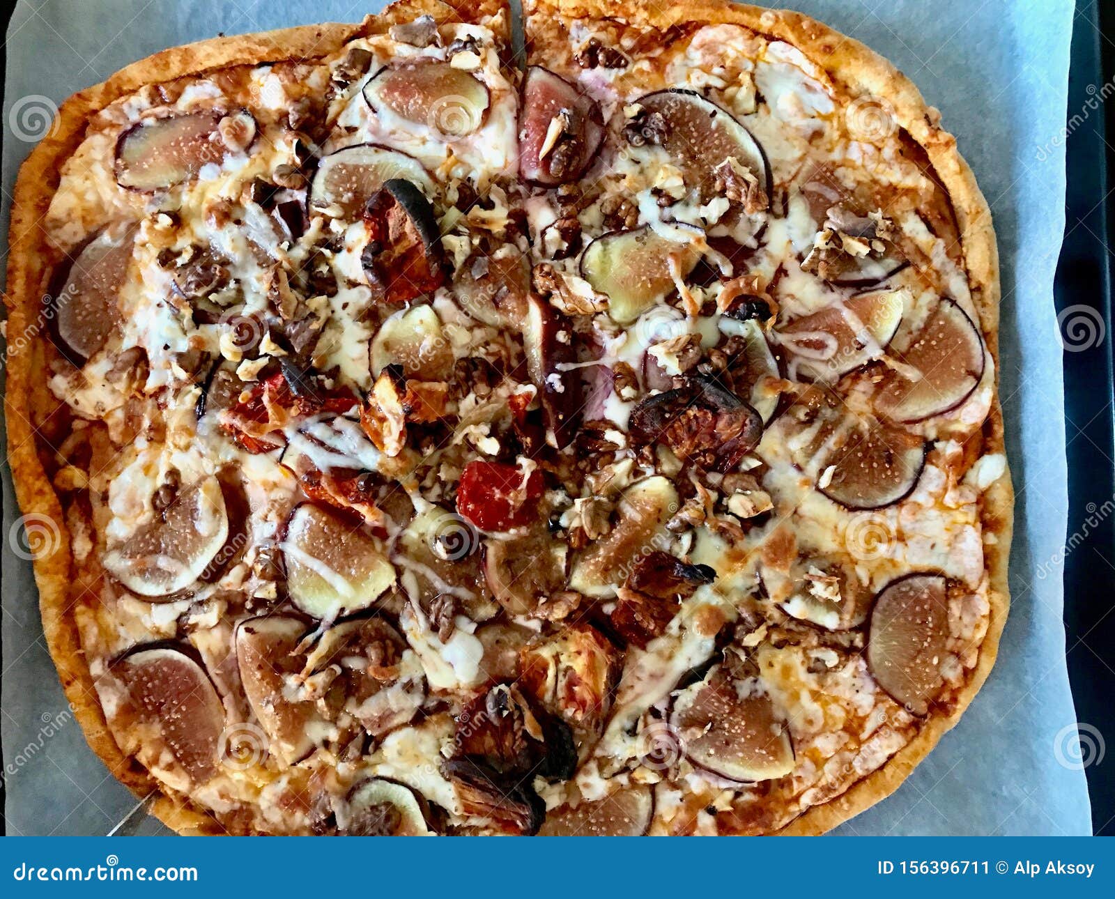 Fig Pizza with Walnut and Sun Dried Tomatoes Stock Image Image of