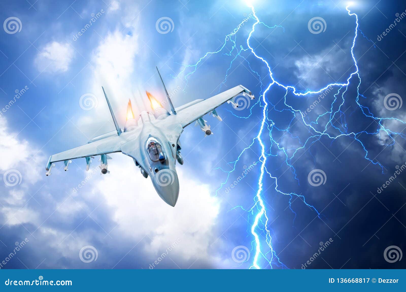fighter flies afterburner in the clouds flash of lightning