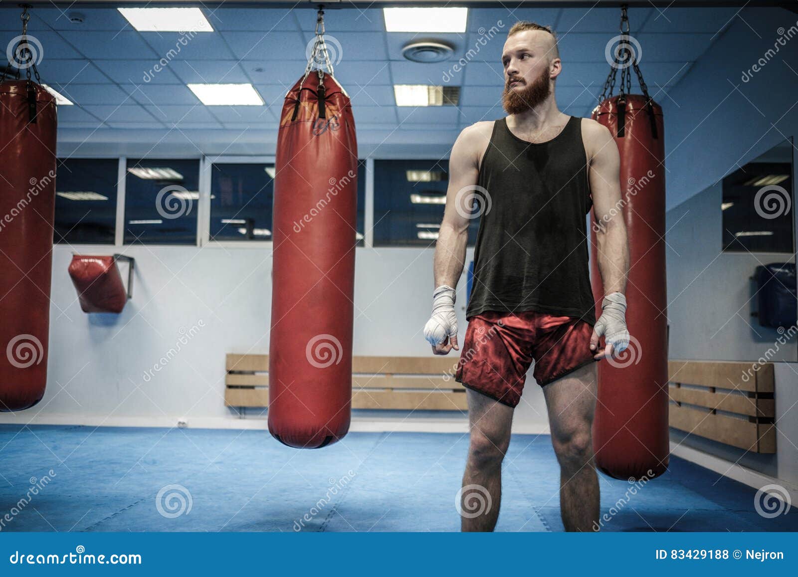 Fighter Preparing for Training, Wrapping Hands with Boxing Wraps Stock