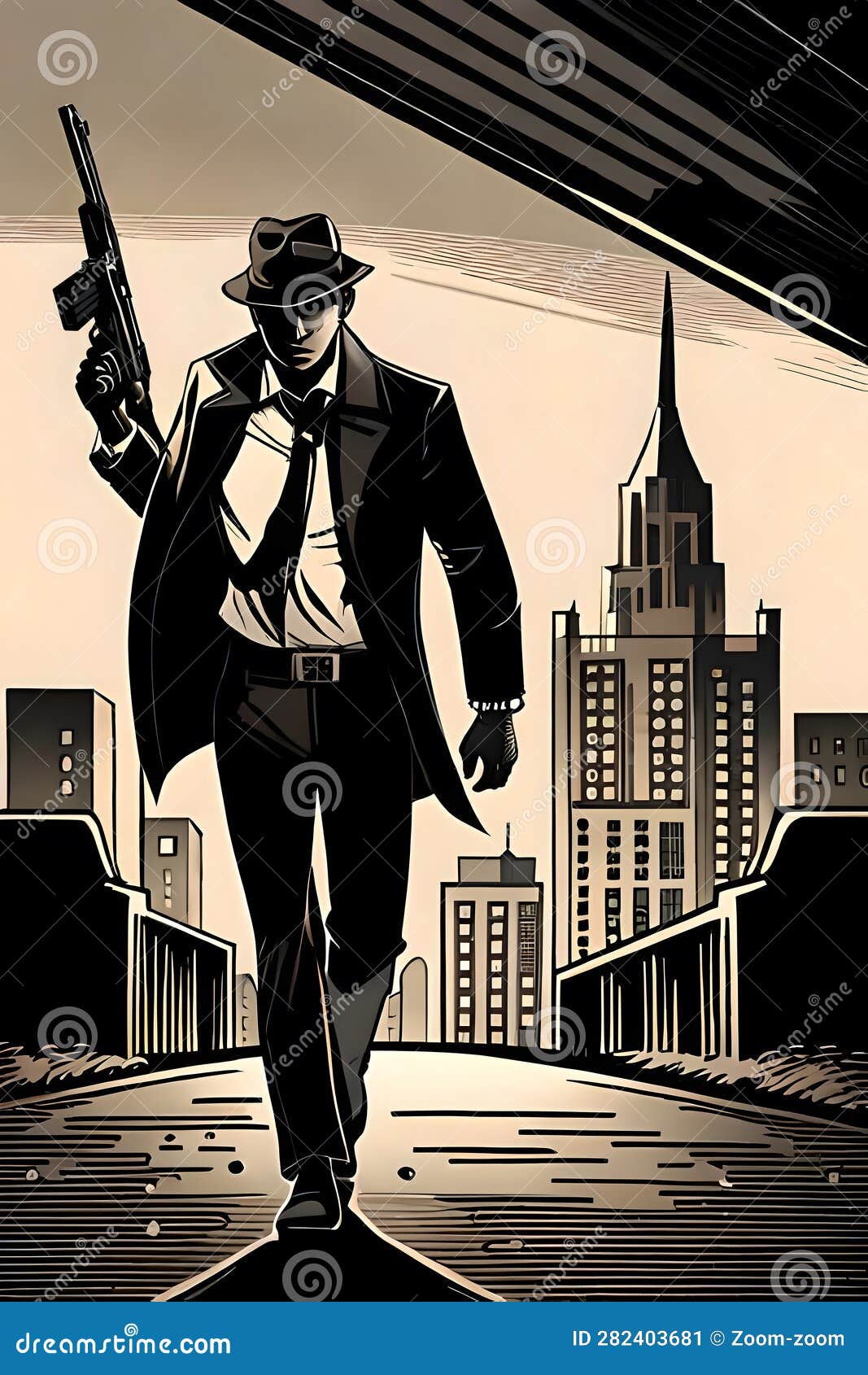 figure of man with submachine gun in the city street