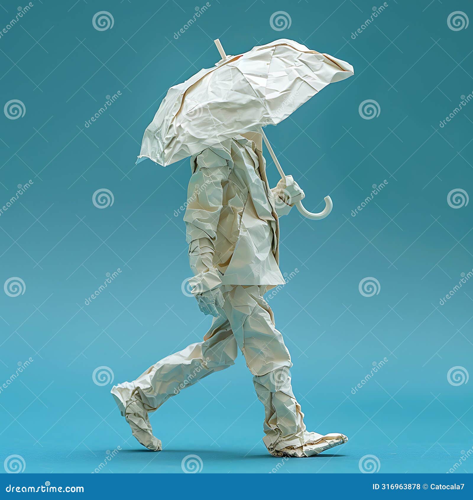 figure of a man walking under an umbrella, made of crumpled paper, bad weather, rain, storm, precipitation