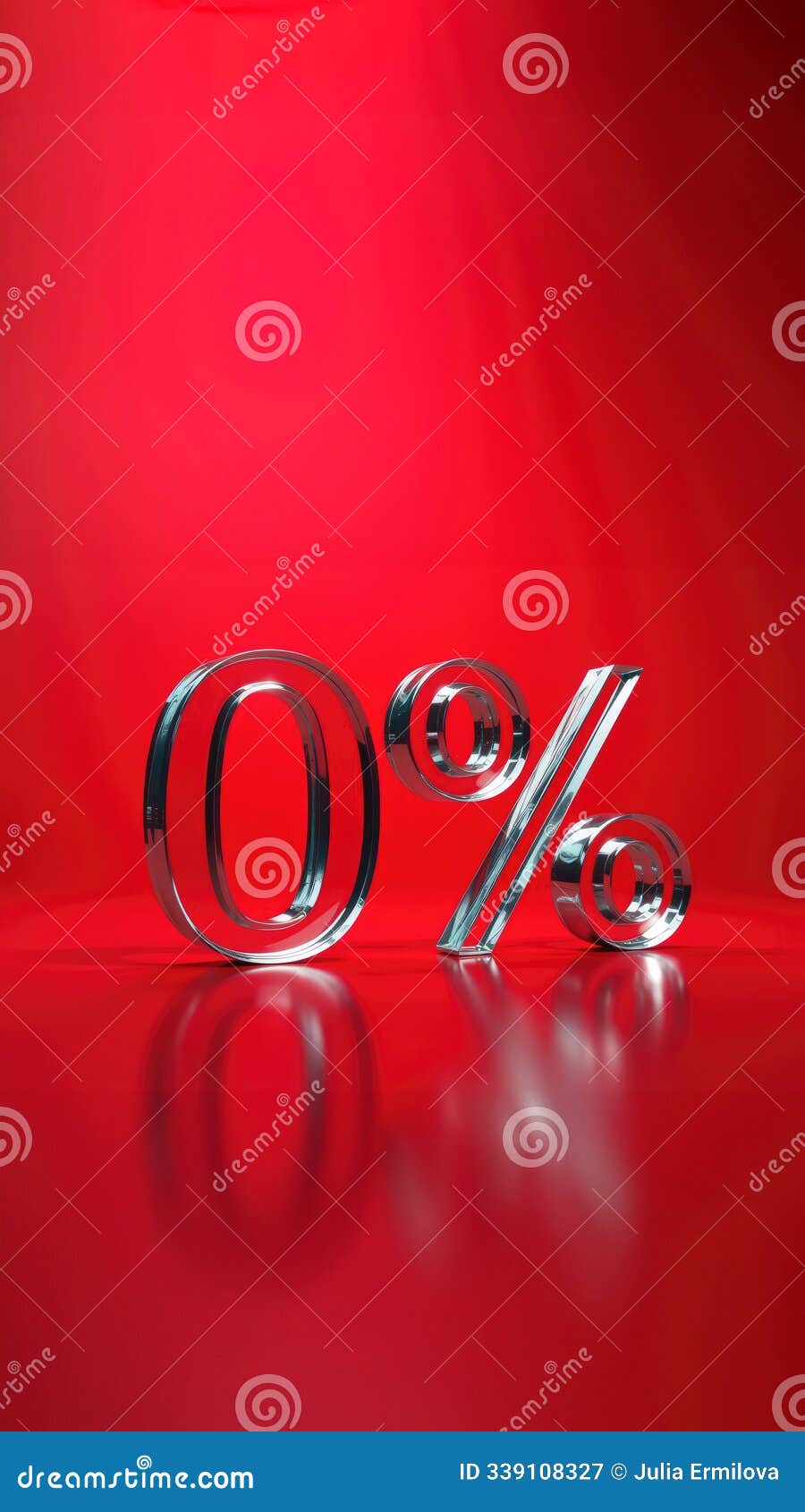 the figure numeral 0 % with 3d silver effect on a red background with space for text. zero percent. concept of interest