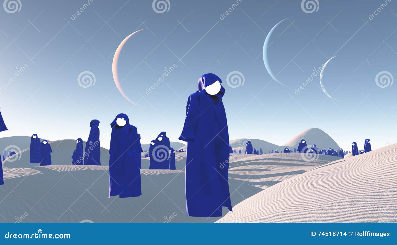 figures in blue robes in desert