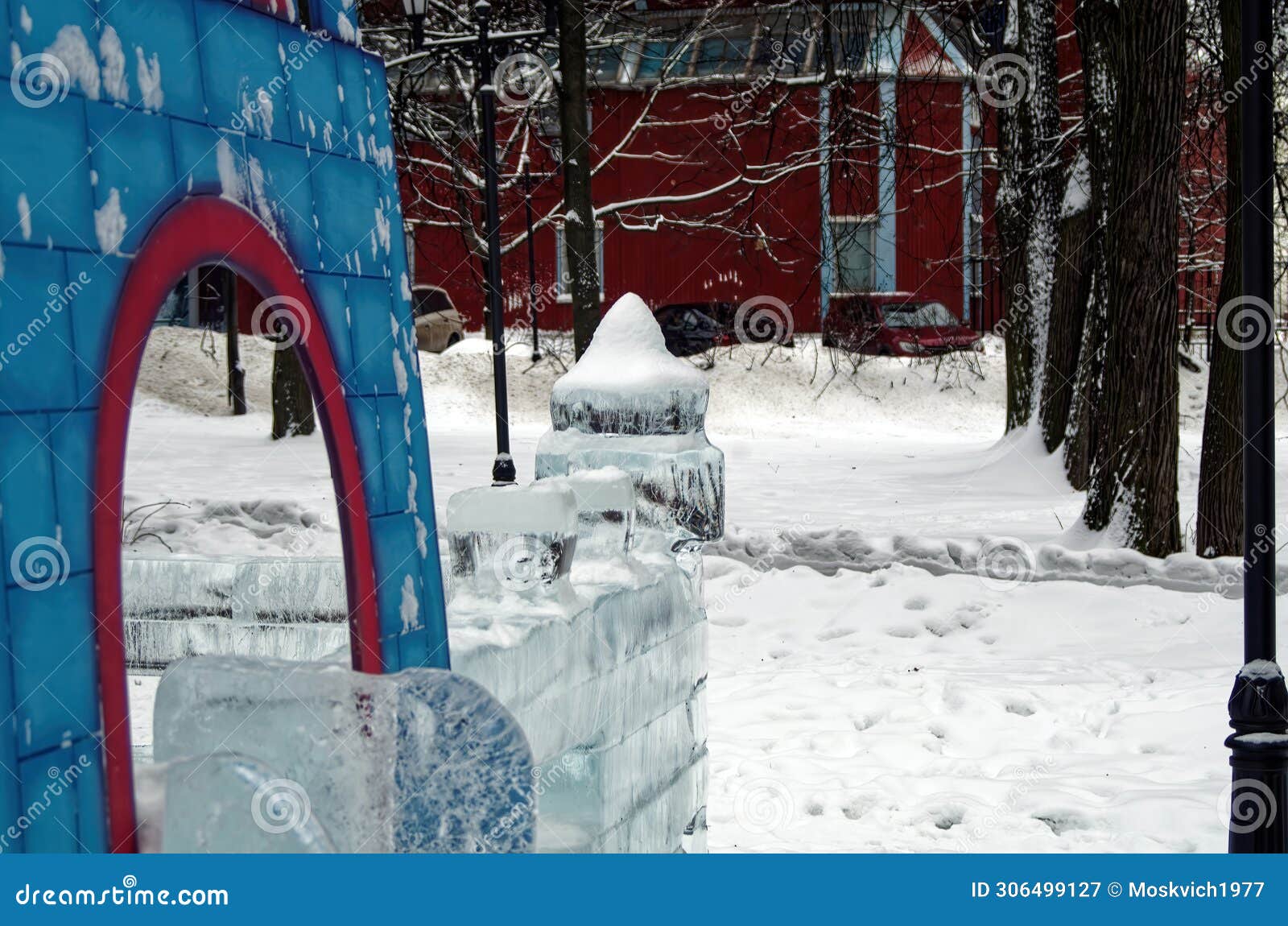 Figures and Buildings Made of Ice in a Park Stock Image Image of