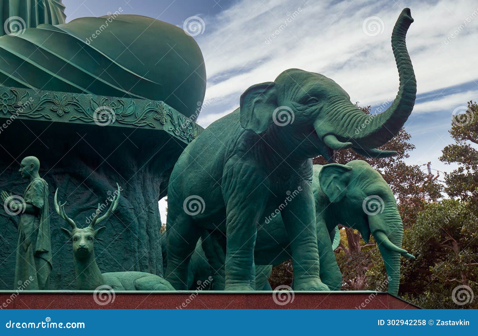 Statues of Elephants, Reindeer and Monks Surrounding Great Buddha at ...