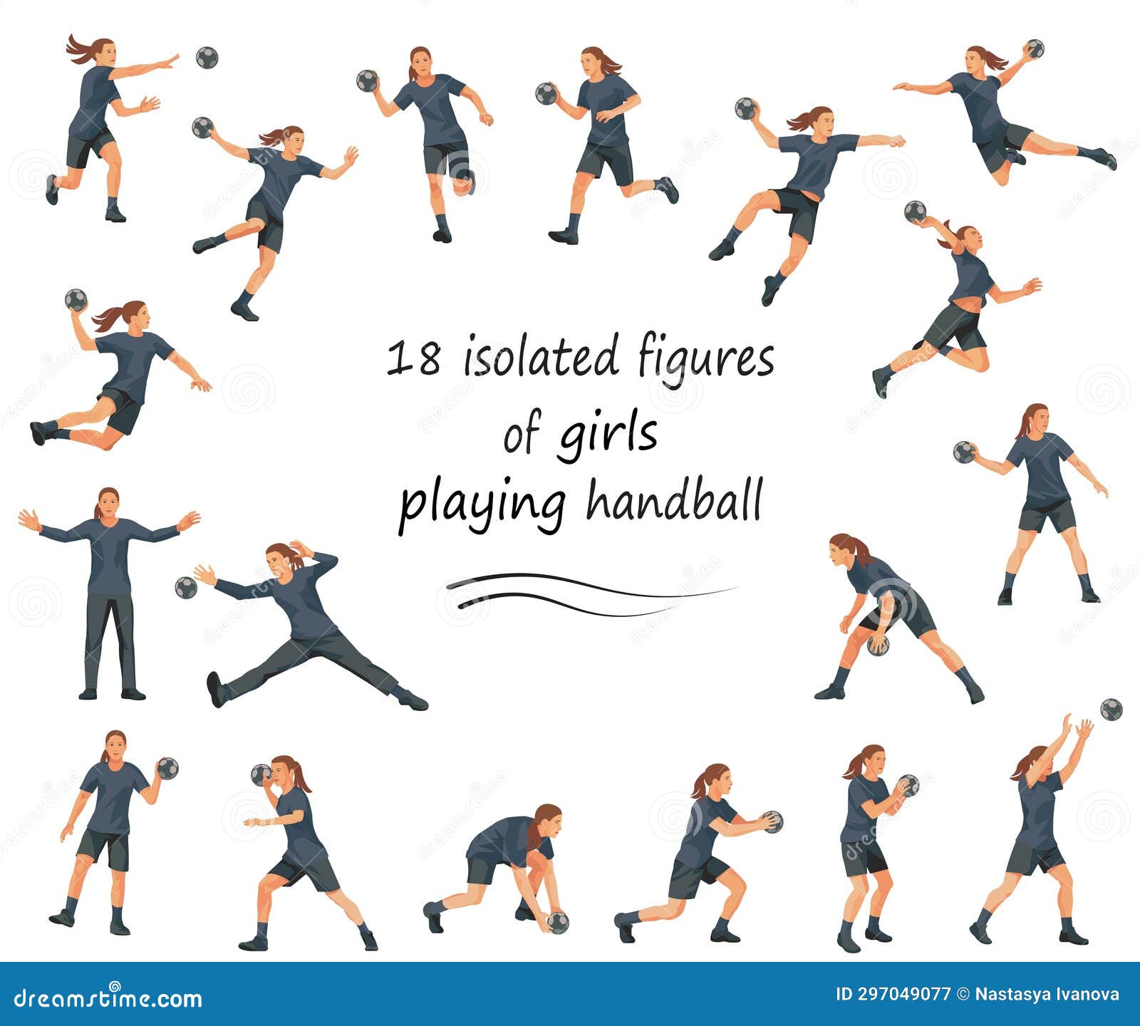 18 Figures of Girls Playing Handball in Black Uniforms Training ...