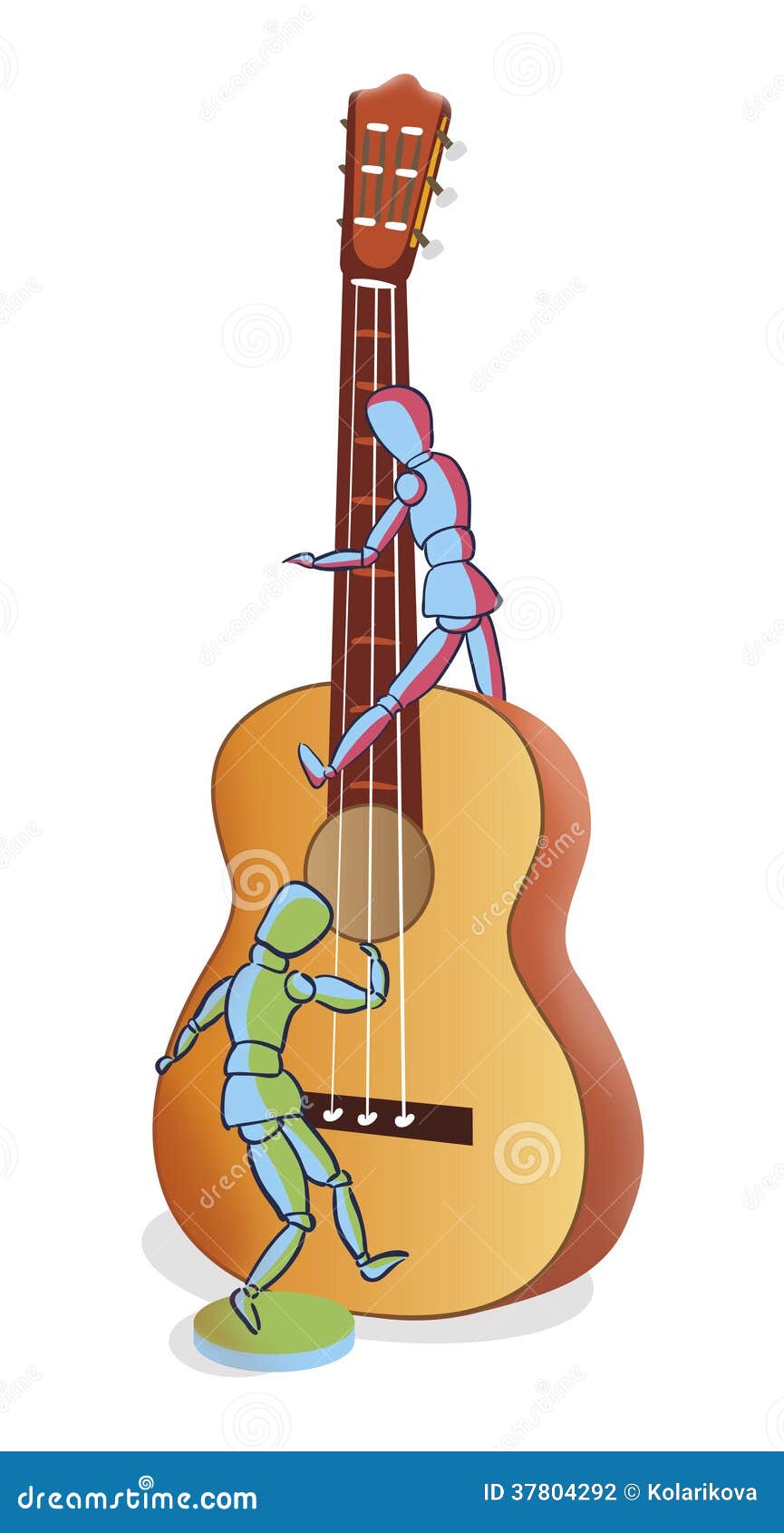 Figürchen mit einer Gitarre. Hölzerne Figürchen, welche die Gitarre auf weißem Hintergrund spielen