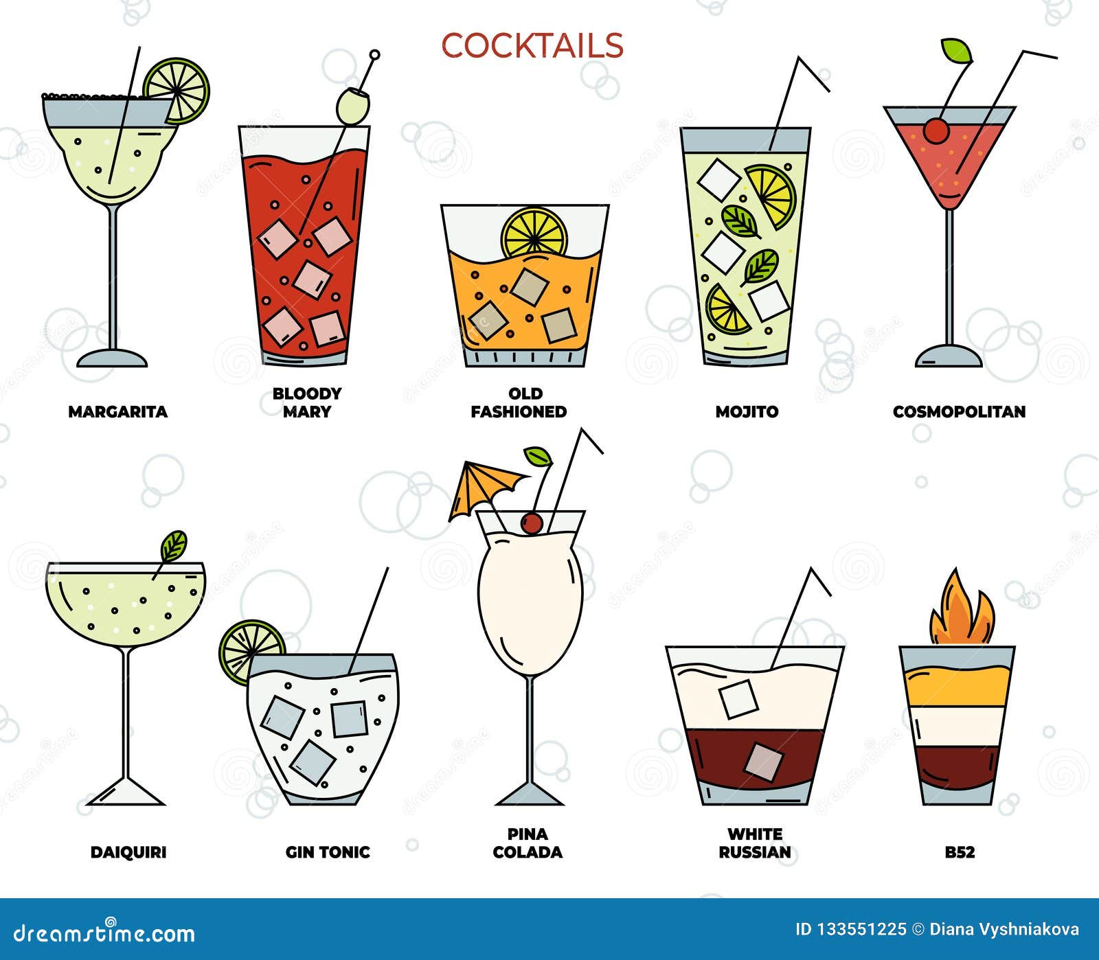 Fije De Diversos Tipos De Cócteles Del Alcohol del Vector Ilustración coctel, cocteles: 133551225