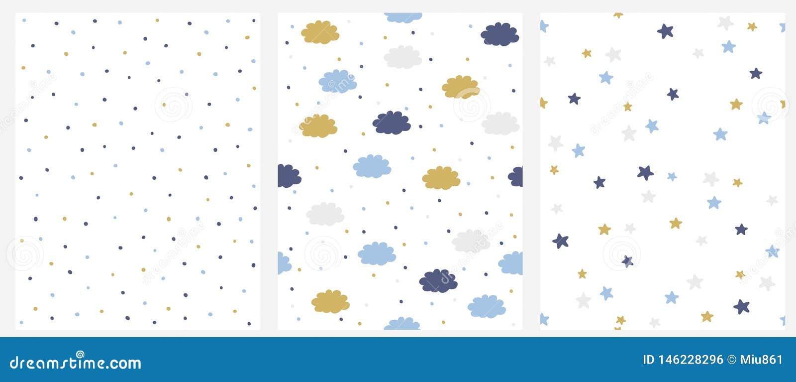 Fije de modelo inconsútil del vector 3 con el azul, oro y Gray Dots, las nubes y las estrellas aislados en un fondo blanco. Lovely Hand Drawn Nursery Art. Starry and Cloudy Sky Design.Simple Doted Vector Layout.