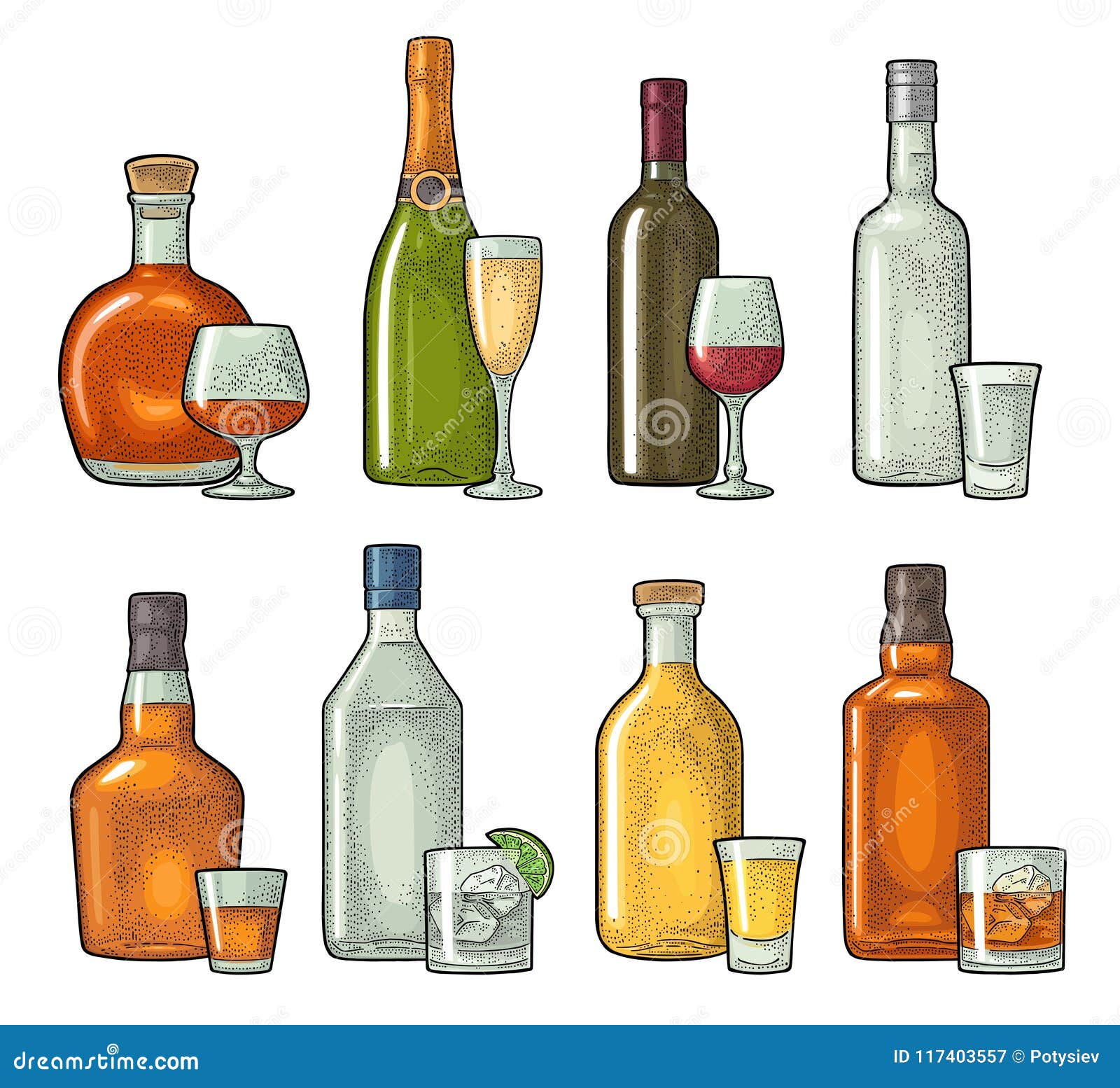 Fije El Whisky Del Vidrio Y De La Botella, Vino, Tequila, Coñac, Champán  Grabado Del Vector Ilustración del Vector - Ilustración de taza, coctel:  117403557