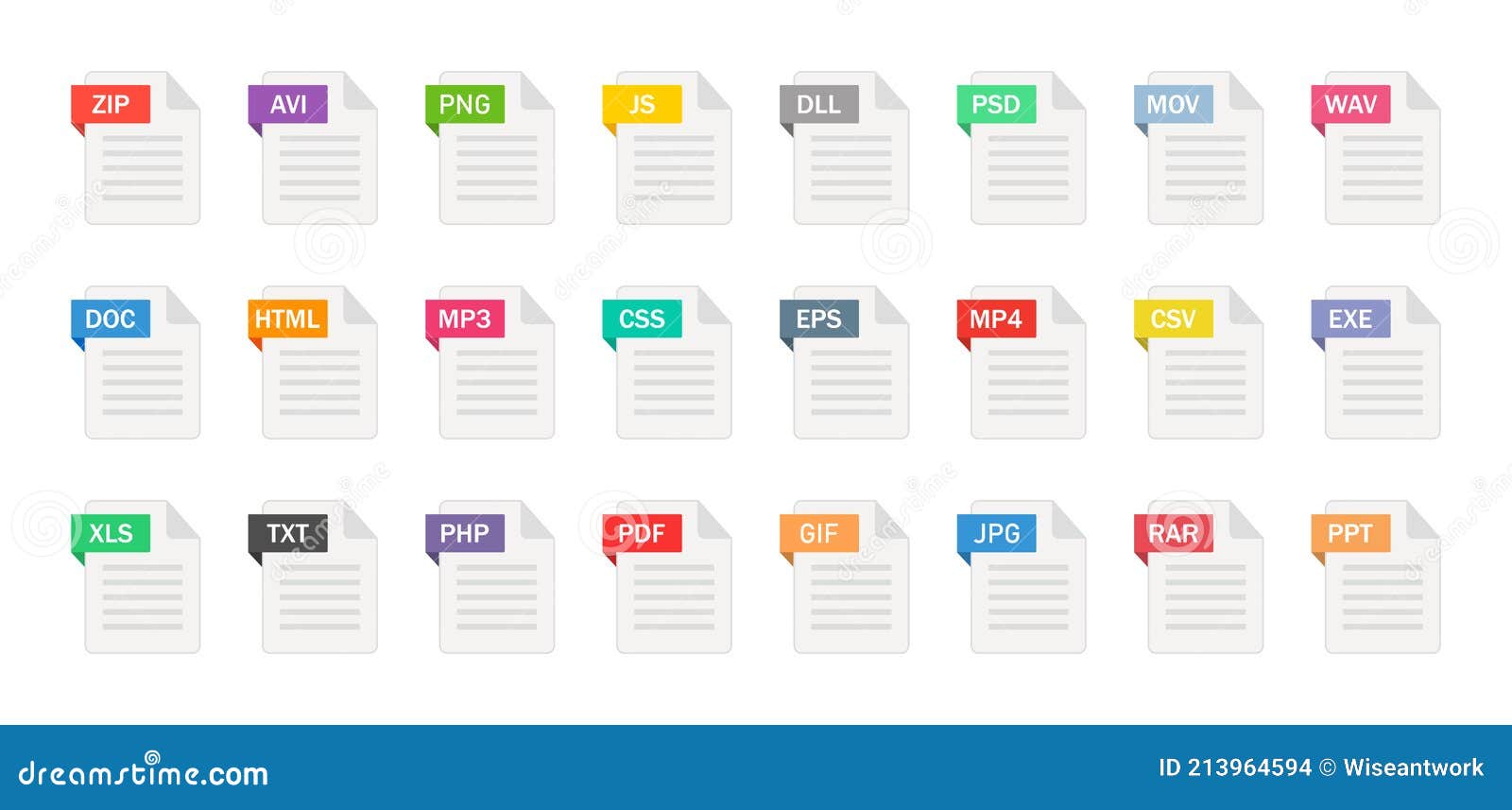 File type icons. Format and extension of documents. Set of pdf, doc, excel,  png, jpg, psd, gif, csv, xls, ppt, html, txt and others. Icons for download  on computer. Graphic templates for