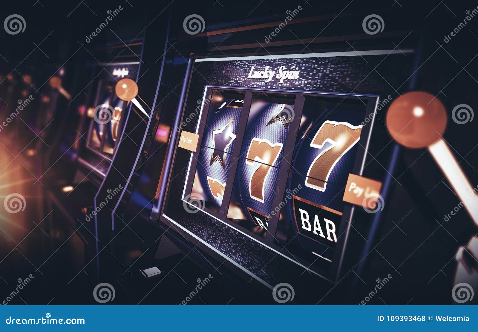 Fileira do slot machine de Vegas. A fileira do slot machine 3D de Vegas rendeu a ilustração com profundidade de campo Se entregou a bandidos jogos do casino