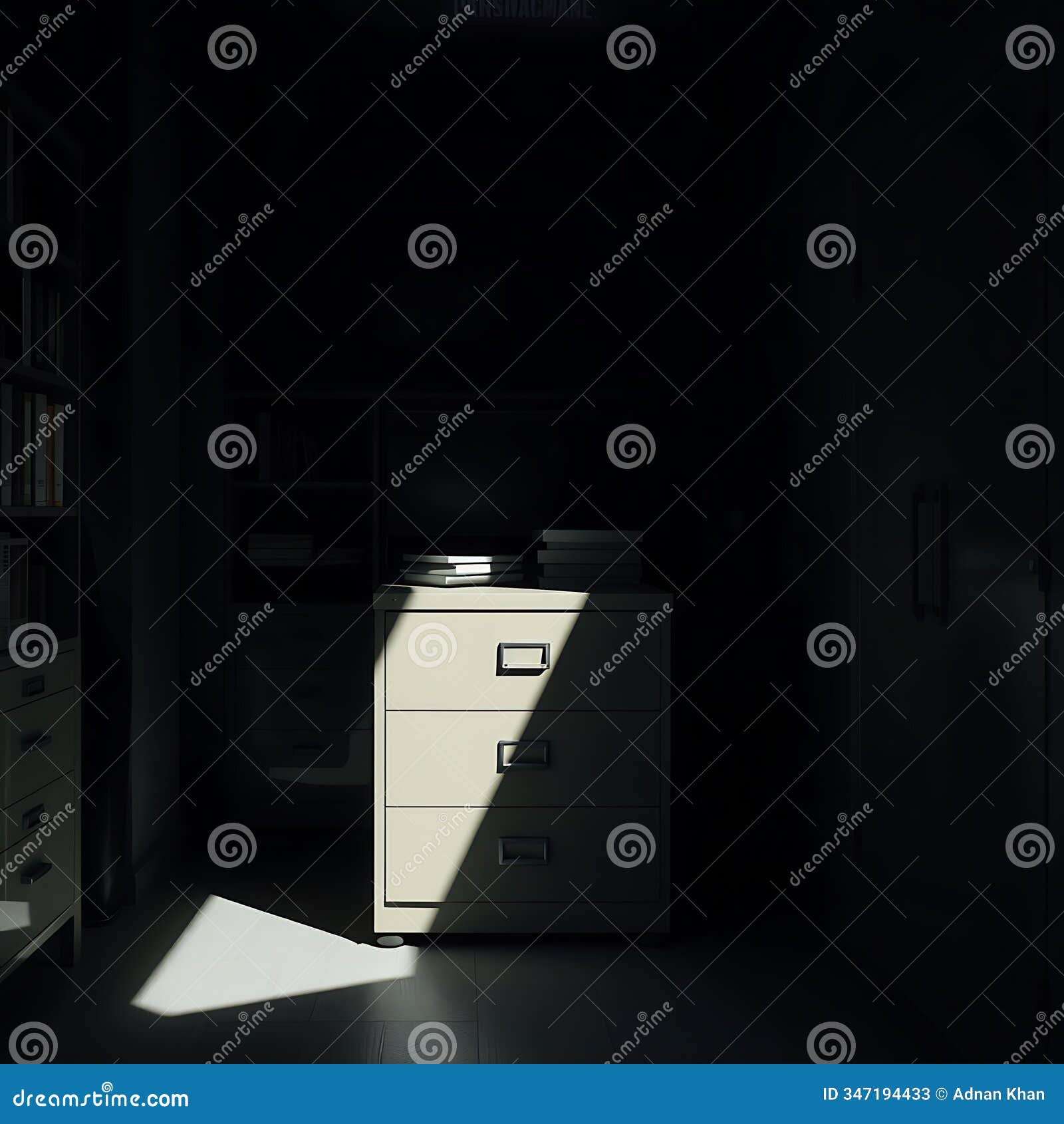 A Filing in a Dark Moody Office Space with a Beam of Light