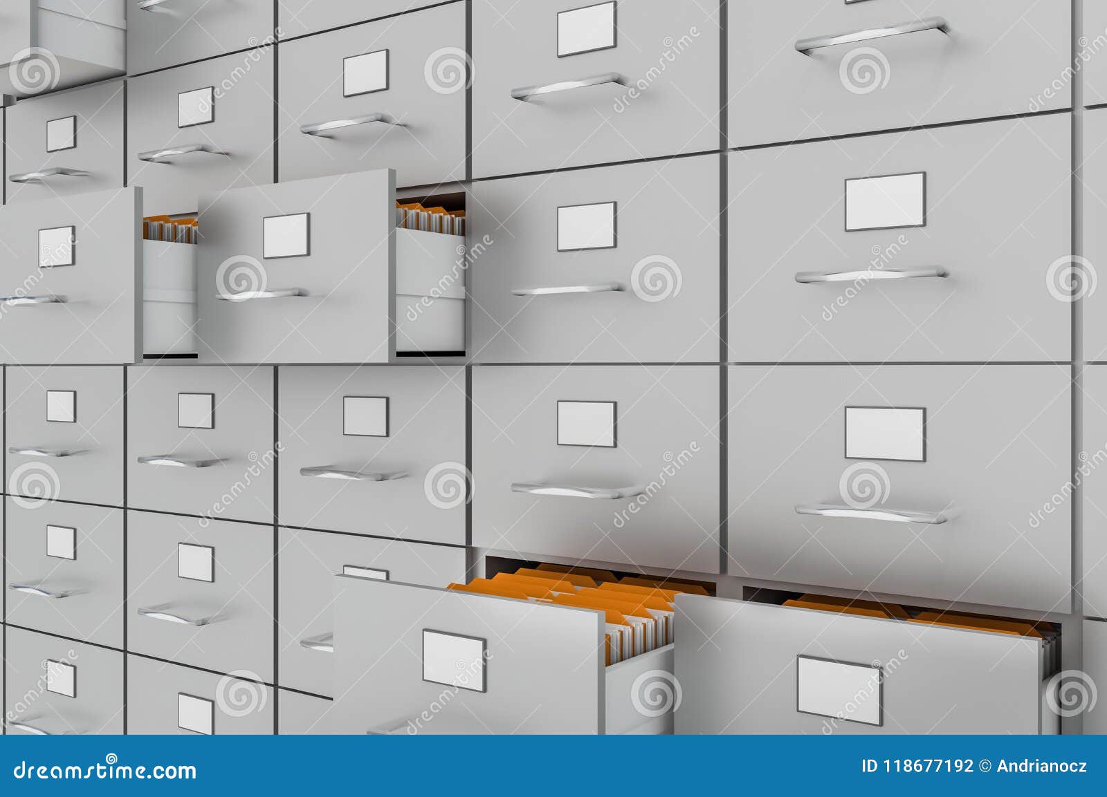 Filing Cabinet With Yellow Folders In An Open Drawers Stock