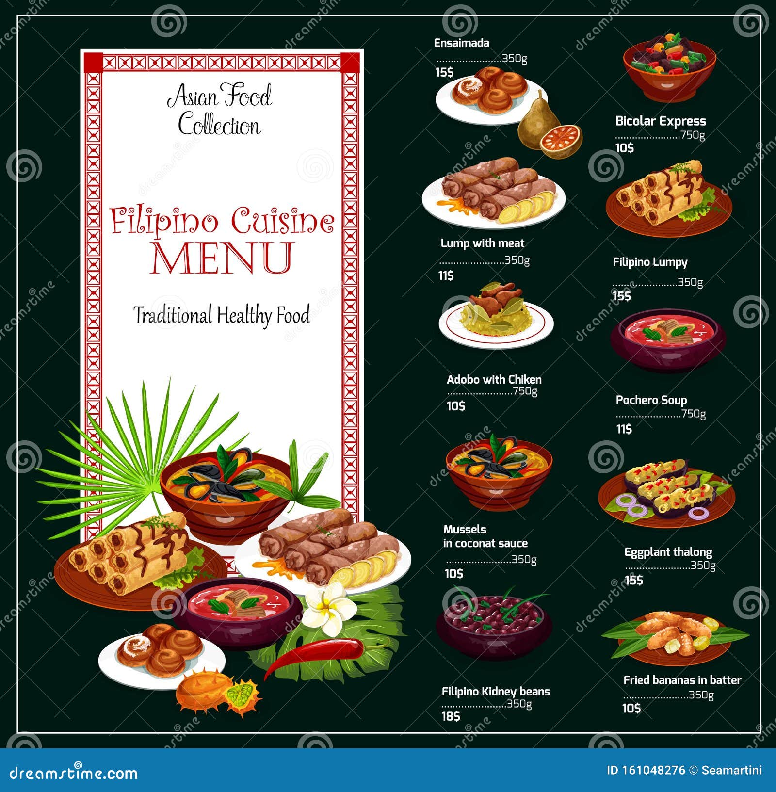 Filipino Restaurant Menu of Asian Dishes and Price Stock Vector ...