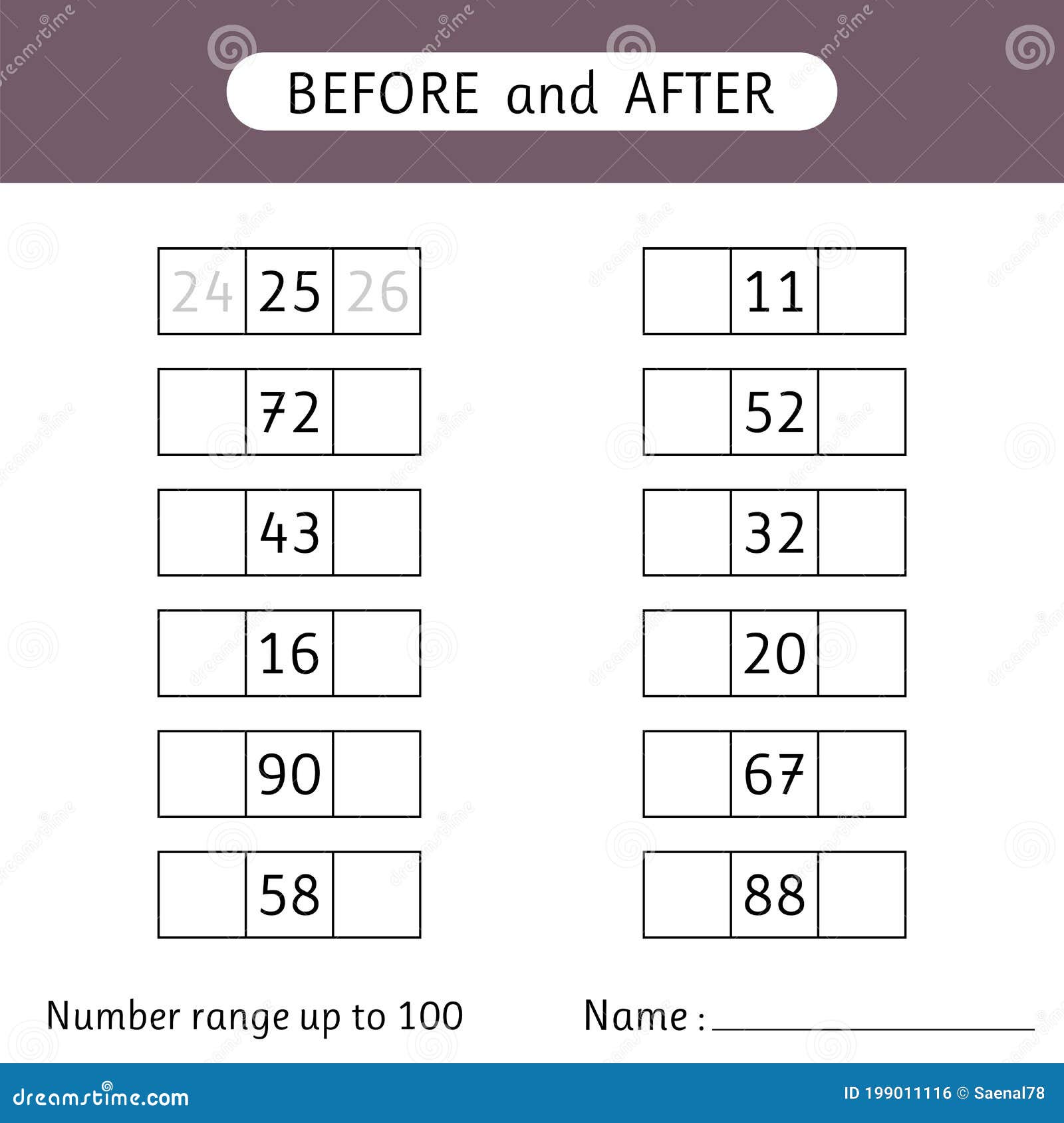 Fill in the Missing Numbers. before and after. Number Range Up To