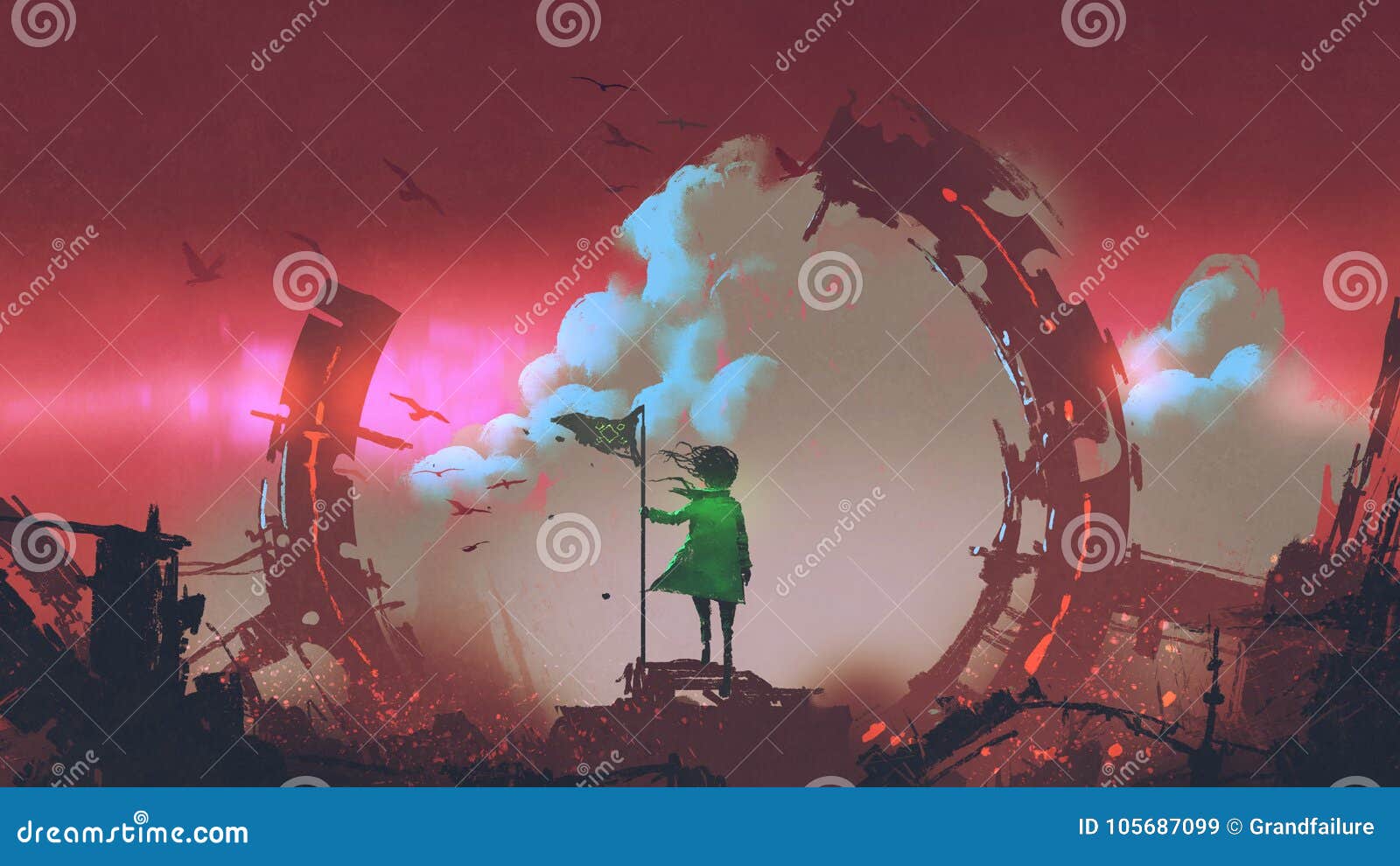 Une fille avec le drapeau se tenant sur des ruines de ville regardant des nuages dans le ciel rouge, style numérique d'art, peinture d'illustration