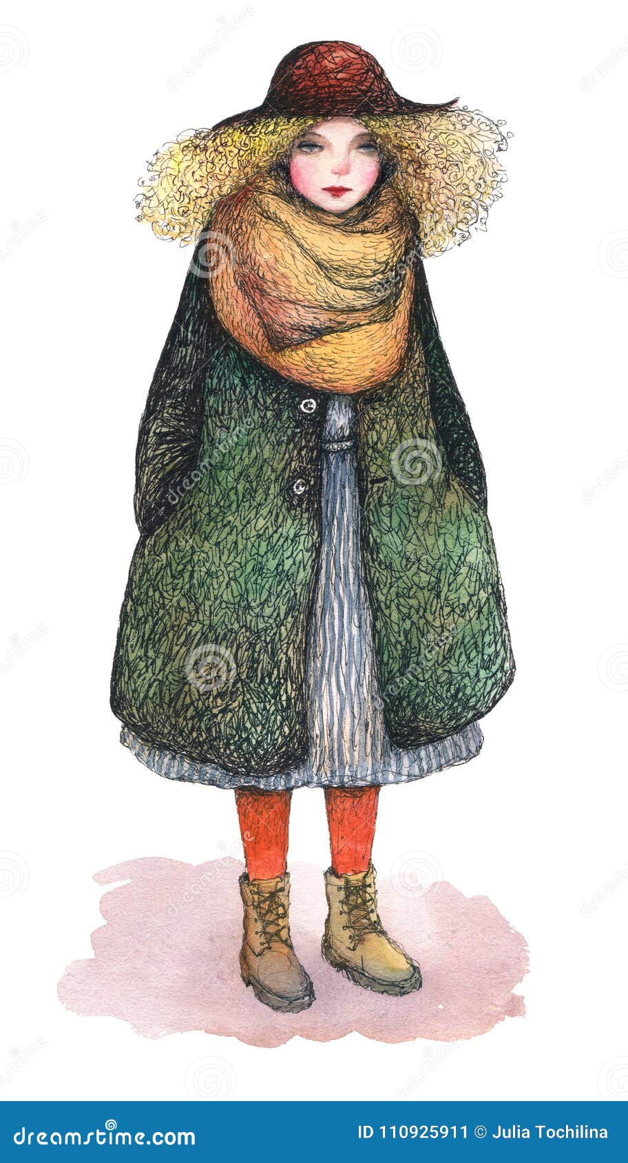 Fille De Marche Avec Les Cheveux Boucles Peint A La Main Dans L Aquarelle Et Le Stylo Noir Conception De Personnages Illustration Stock Illustration Du Fille Avec 110925911