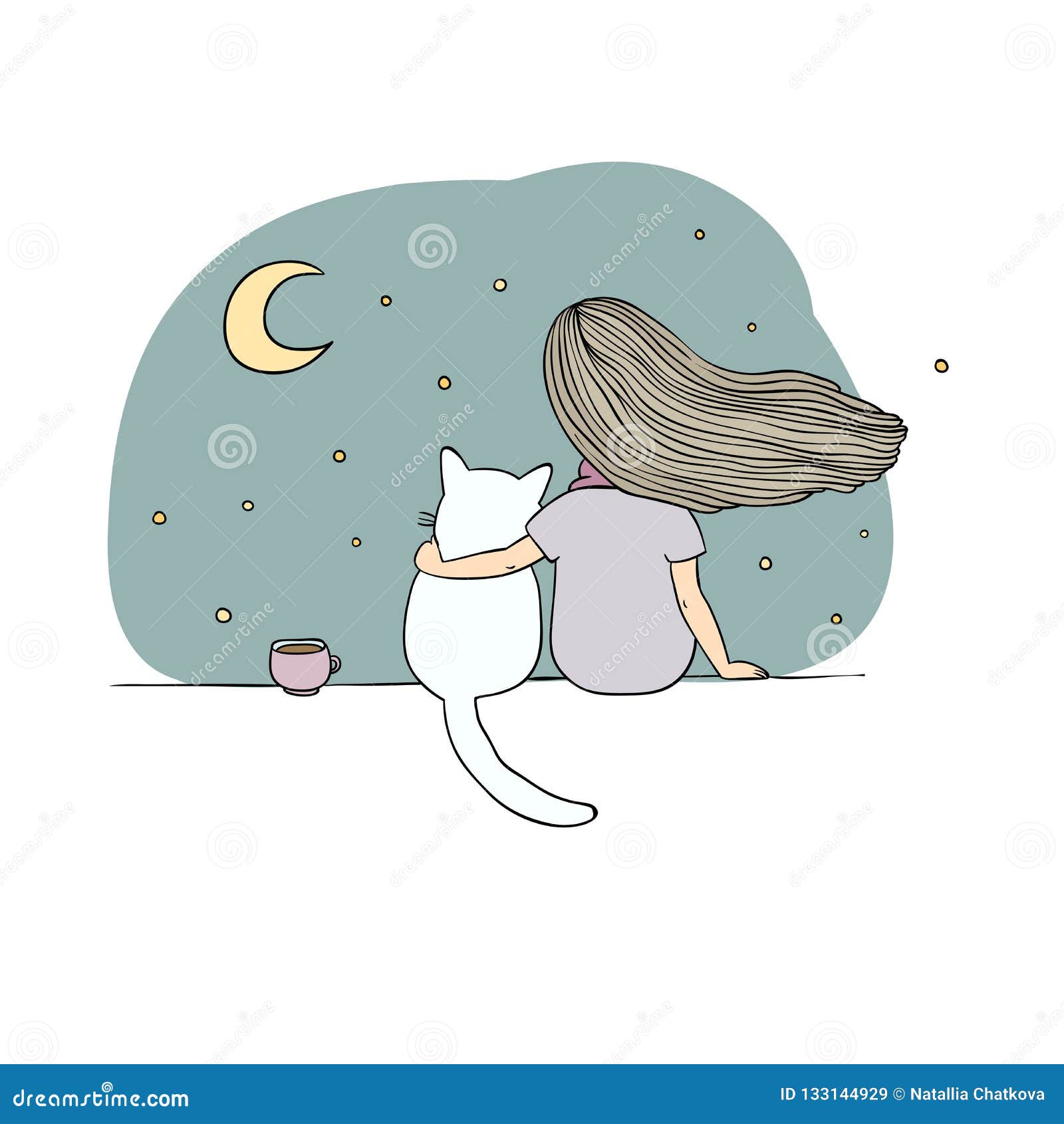 Fille Et Un Chat Sur Le Toit Illustration De Vecteur