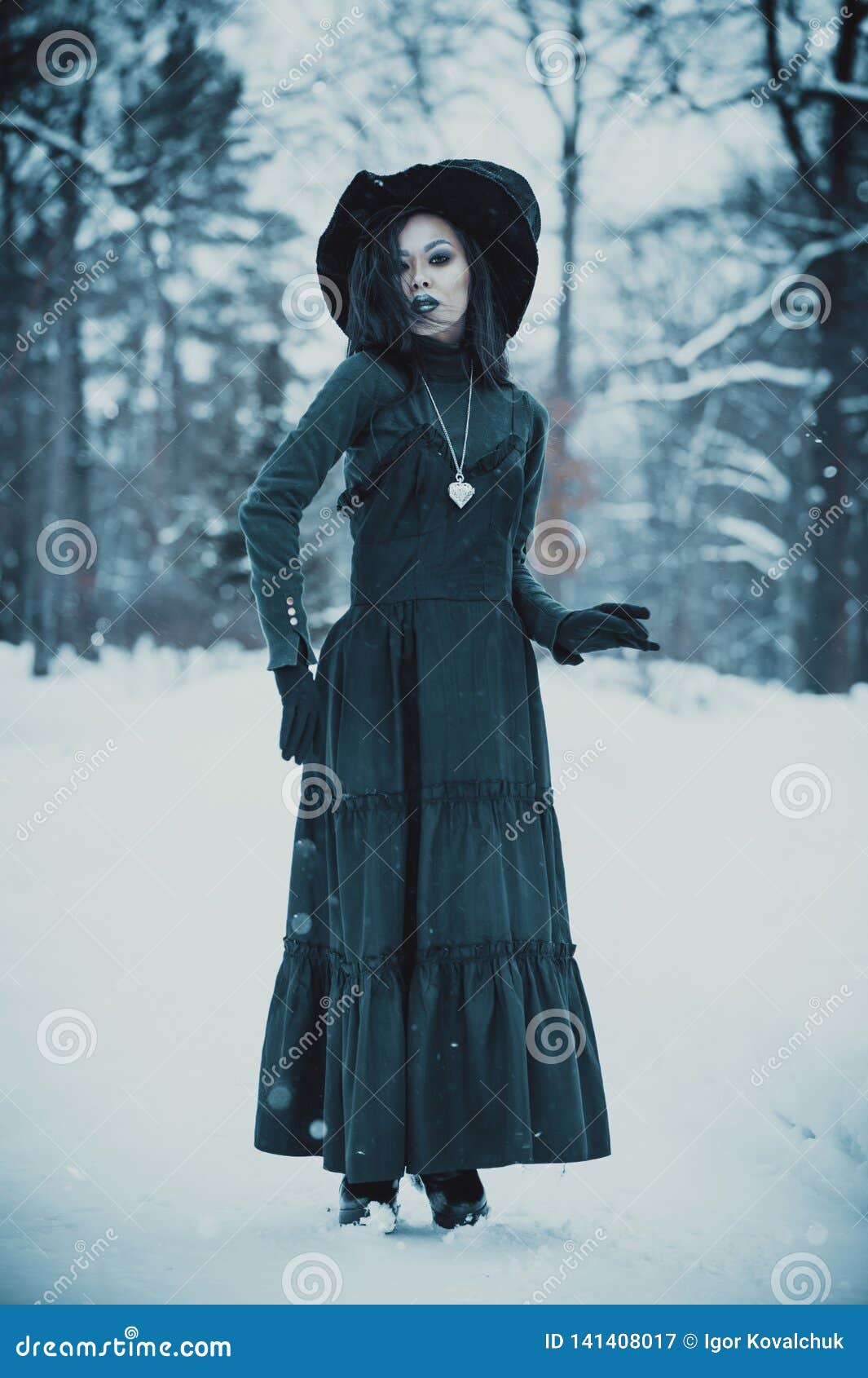 Fille gothique asiatique de goth à l'hiver neigeux dehors