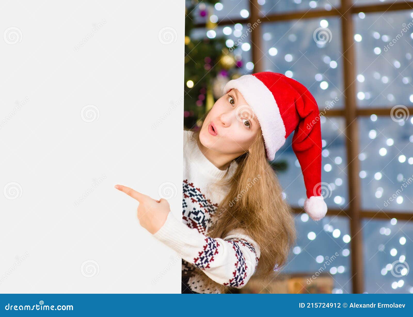 Fille Surprise Dans Noël Chapeau Regarder Et Pointant Sur Le Tableau Vide  Photo stock - Image du carton, expression: 215724912