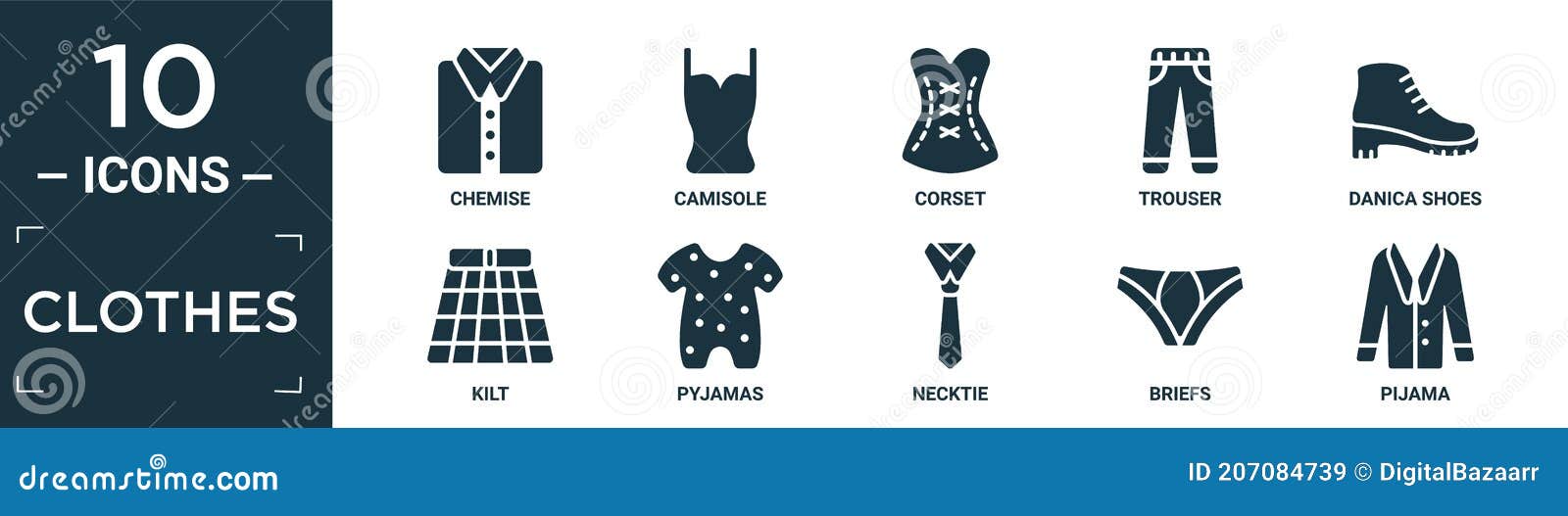 filled clothes icon set. contain flat chemise, camisole, corset, trouser, danica shoes, kilt, pyjamas, necktie, briefs, pijama