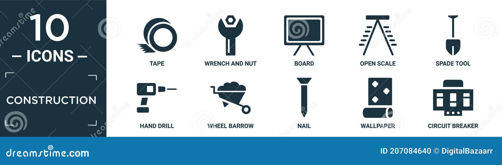 filled construction icon set. contain flat tape, wrench and nut, board, open scale, spade tool, hand drill, wheel barrow, nail,